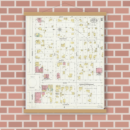 Old map wall art mockup — magnetic wood frame on brick wall — Sanborn Fire Insurance Map from Angola, Steuben County, Indiana (1897), Sheet #0002