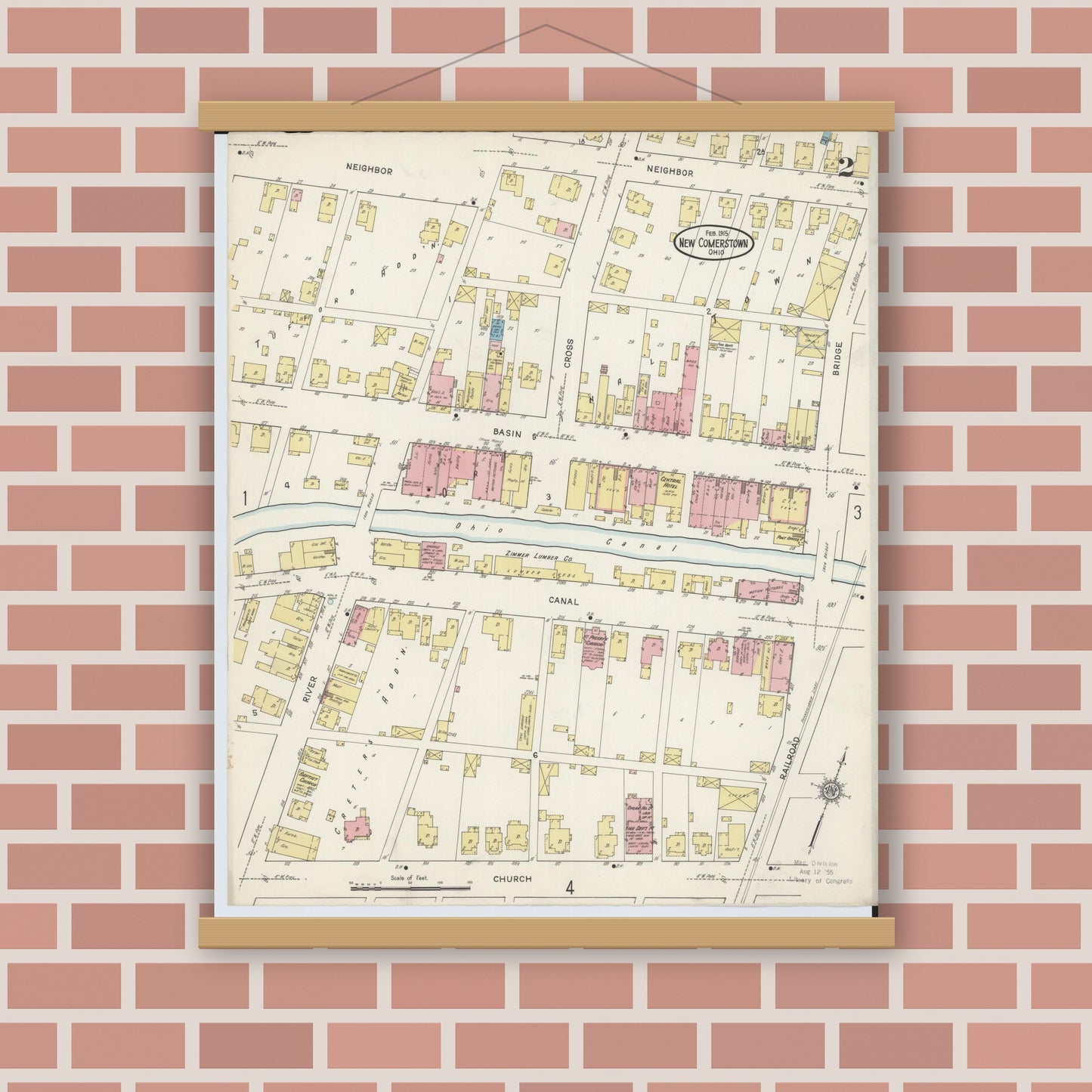Old map wall art mockup — magnetic wood frame on brick wall — Sanborn Fire Insurance Map from Newcomerstown, Tuscarawas County, Ohio (1915), Sheet #0002