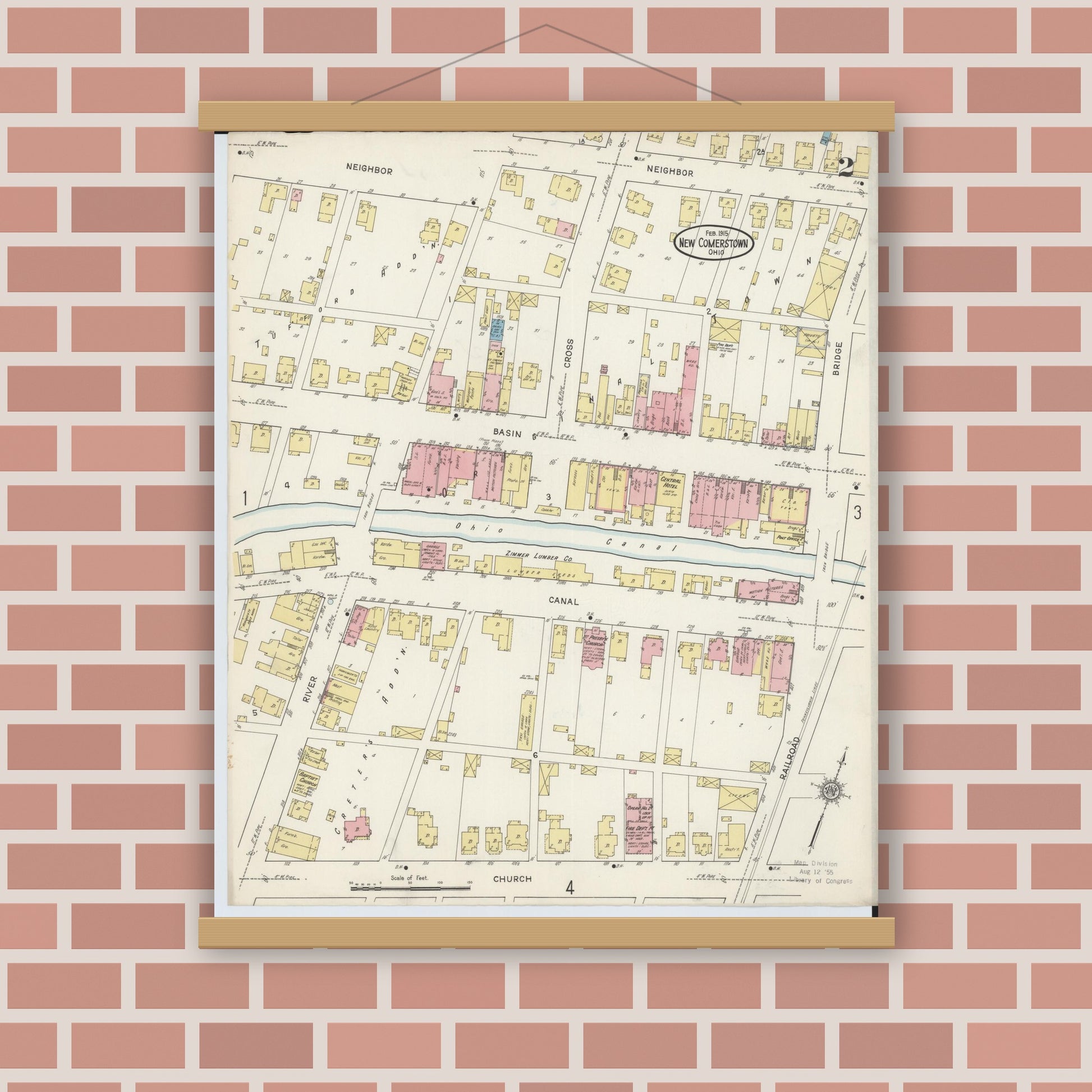 Old map wall art mockup — magnetic wood frame on brick wall — Sanborn Fire Insurance Map from Newcomerstown, Tuscarawas County, Ohio (1915), Sheet #0002