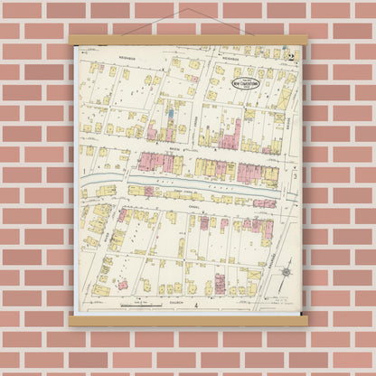 Old map wall art mockup — magnetic wood frame on brick wall — Sanborn Fire Insurance Map from Newcomerstown, Tuscarawas County, Ohio (1915), Sheet #0002