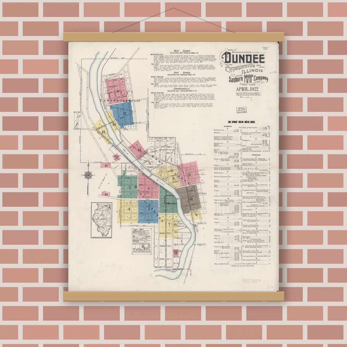 Old map wall art mockup — magnetic wood frame on brick wall — Sanborn Fire Insurance Map from Dundee, Kane County, Illinois (1922), Sheet #0001