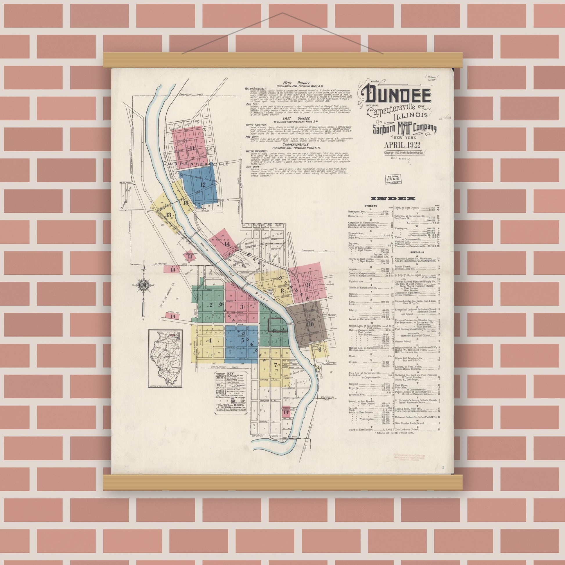 Old map wall art mockup — magnetic wood frame on brick wall — Sanborn Fire Insurance Map from Dundee, Kane County, Illinois (1922), Sheet #0001