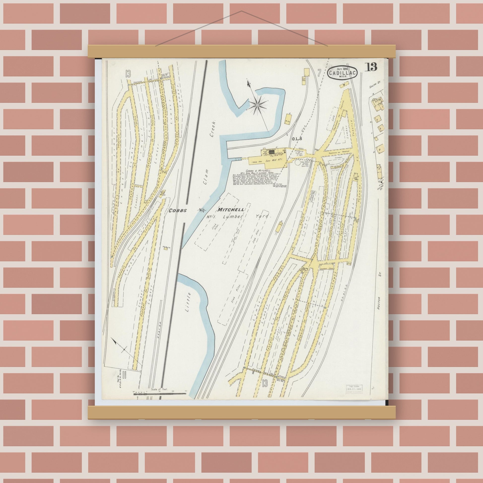 Old map wall art mockup — magnetic wood frame on brick wall — Sanborn Fire Insurance Map from Cadillac, Wexford County, Michigan (1895), Sheet #0013