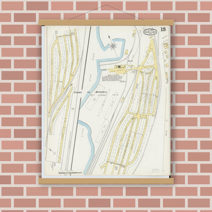 Old map wall art mockup — magnetic wood frame on brick wall — Sanborn Fire Insurance Map from Cadillac, Wexford County, Michigan (1895), Sheet #0013