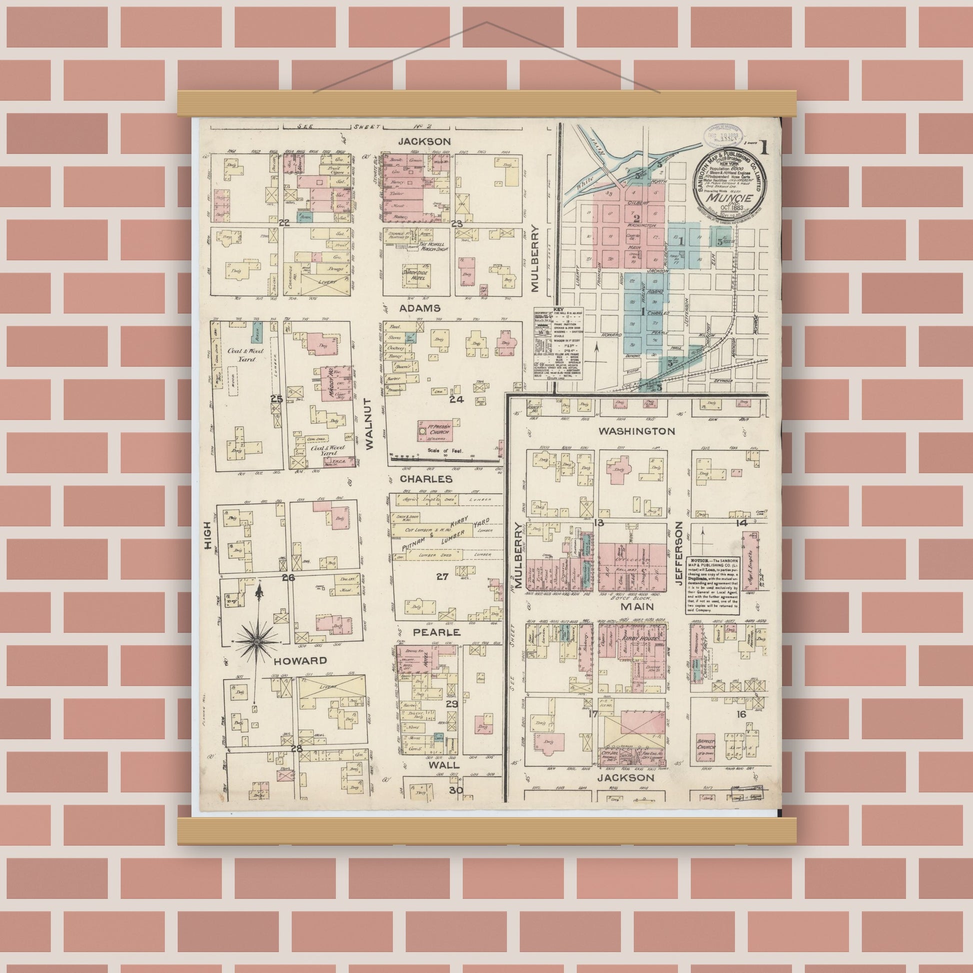 Old map wall art mockup — magnetic wood frame on brick wall — Sanborn Fire Insurance Map from Muncie, Delaware County, Indiana (1883) - Complete Map Set