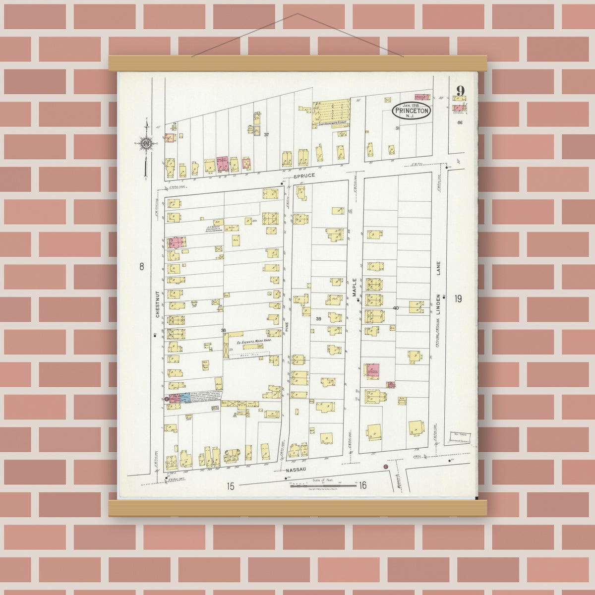 Old map wall art mockup — magnetic wood frame on brick wall — Sanborn Fire Insurance Map from Princeton, Mercer County, New Jersey (1918), Sheet #0009