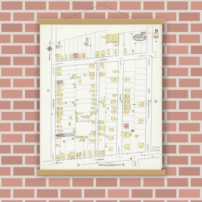 Old map wall art mockup — magnetic wood frame on brick wall — Sanborn Fire Insurance Map from Princeton, Mercer County, New Jersey (1918), Sheet #0009