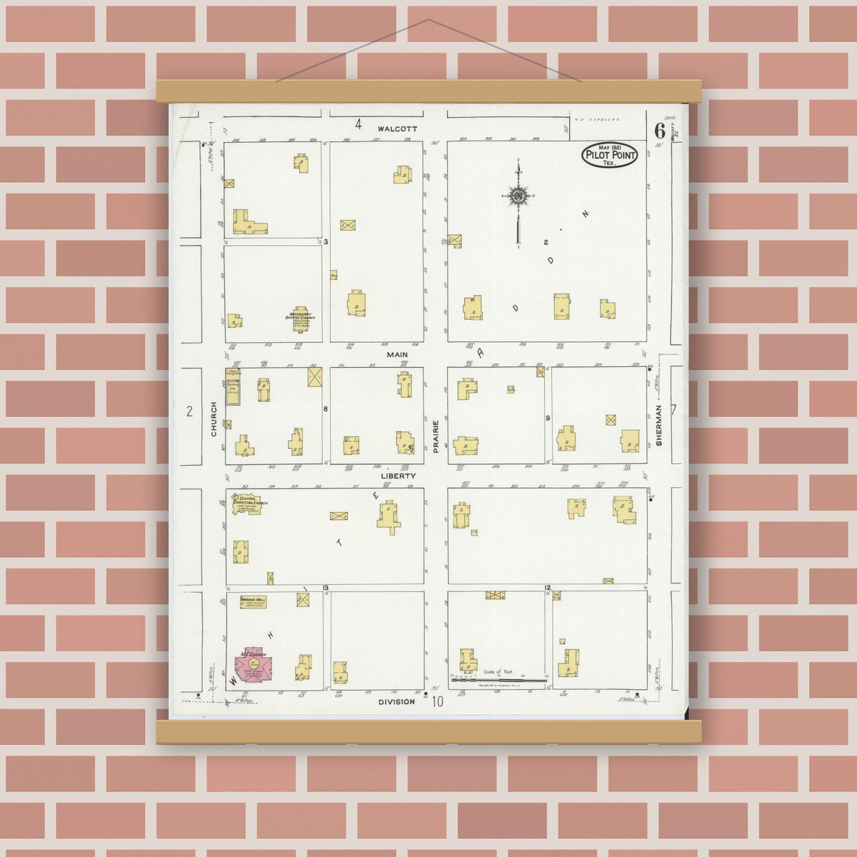 Old map wall art mockup — magnetic wood frame on brick wall — Sanborn Fire Insurance Map from Pilot Point, Denton County, Texas (1921), Sheet #0006