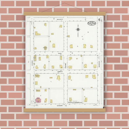 Old map wall art mockup — magnetic wood frame on brick wall — Sanborn Fire Insurance Map from Pilot Point, Denton County, Texas (1921), Sheet #0006
