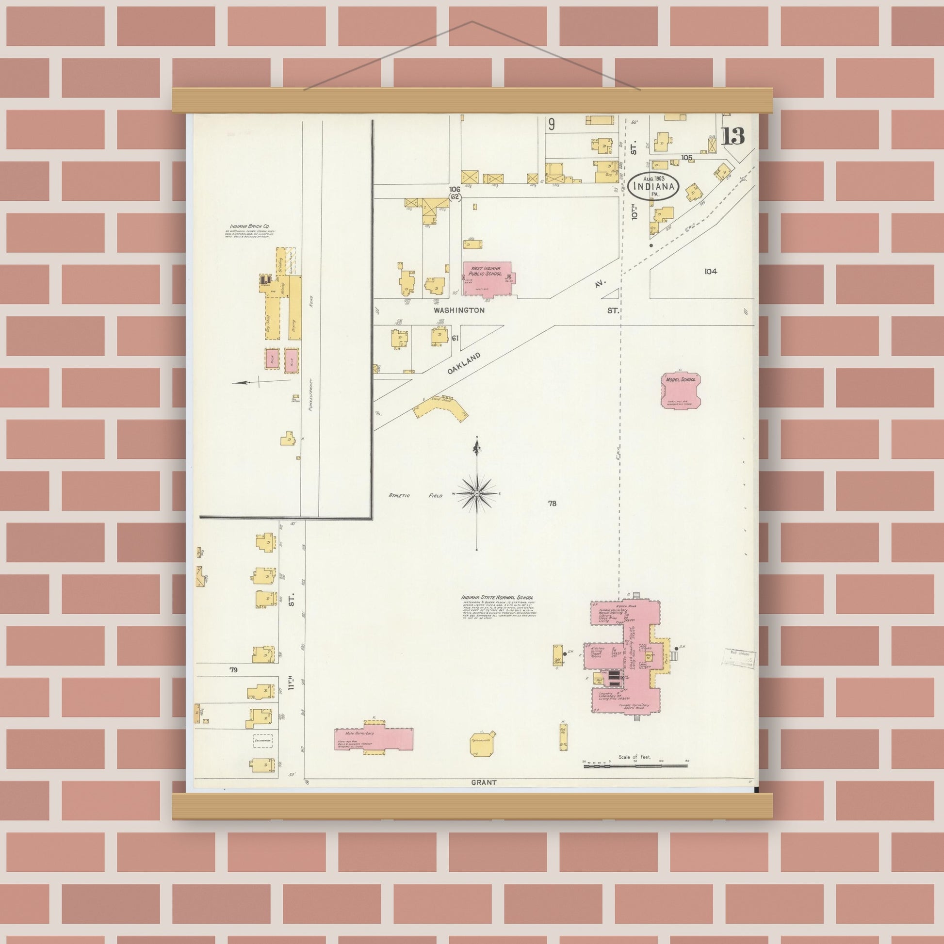 Old map wall art mockup — magnetic wood frame on brick wall — Sanborn Fire Insurance Map from Indiana, Indiana County, Pennsylvania (1903), Sheet #0013