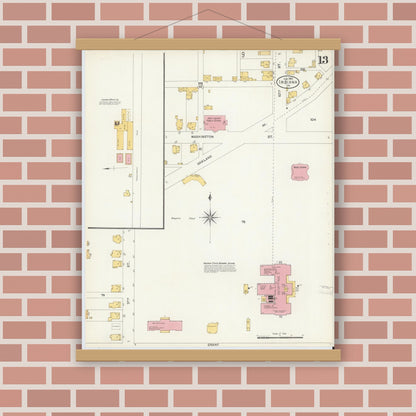 Old map wall art mockup — magnetic wood frame on brick wall — Sanborn Fire Insurance Map from Indiana, Indiana County, Pennsylvania (1903), Sheet #0013
