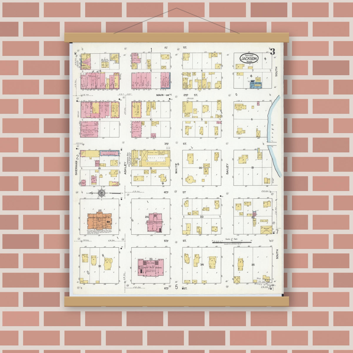 Old map wall art mockup — magnetic wood frame on brick wall — Sanborn Fire Insurance Map from Jackson, Jackson County, Minnesota (1917), Sheet #0003