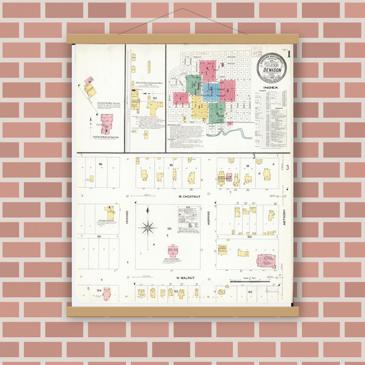 Old map wall art mockup — magnetic wood frame on brick wall — Sanborn Fire Insurance Map from Denison, Crawford County, Iowa (1908) â€” Complete Set