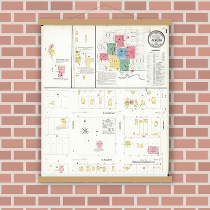 Old map wall art mockup — magnetic wood frame on brick wall — Sanborn Fire Insurance Map from Denison, Crawford County, Iowa (1908) â€” Complete Set