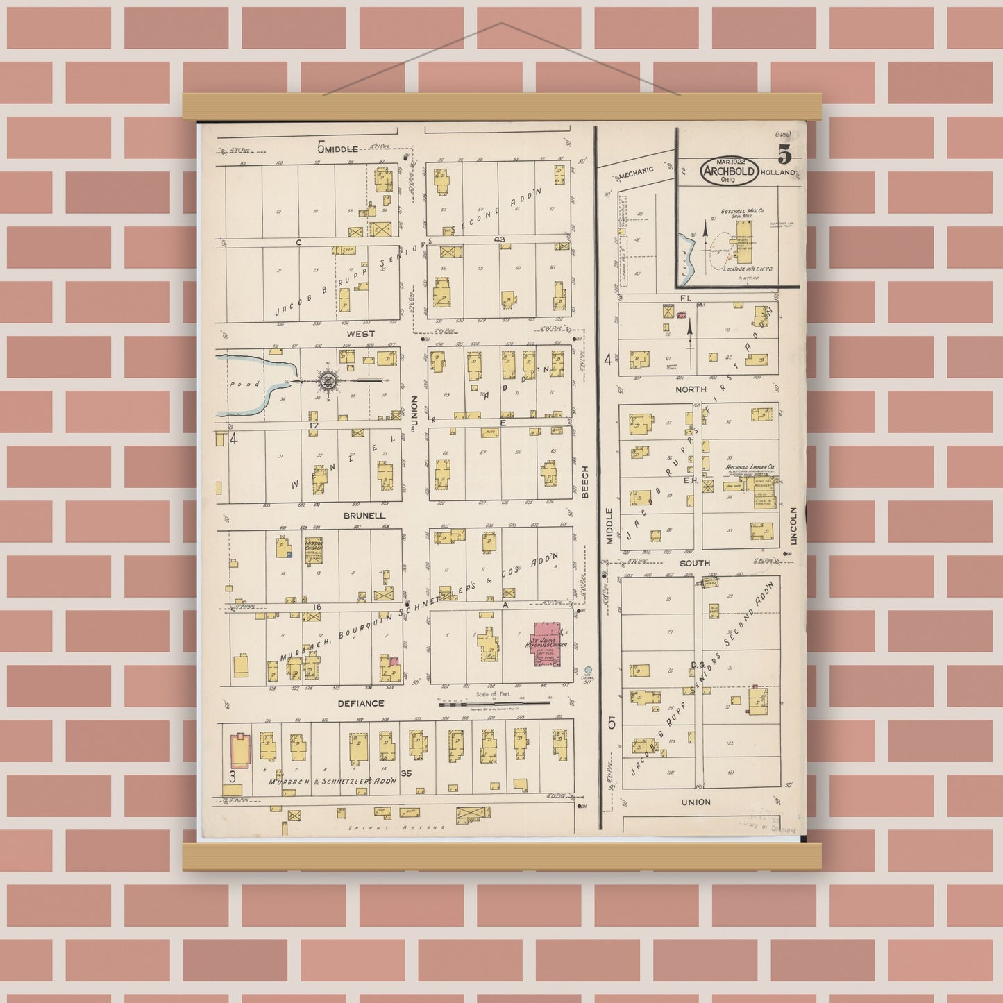 Old map wall art mockup — magnetic wood frame on brick wall — Sanborn Fire Insurance Map from Archbold, Fulton County, Ohio (1922), Sheet #0005