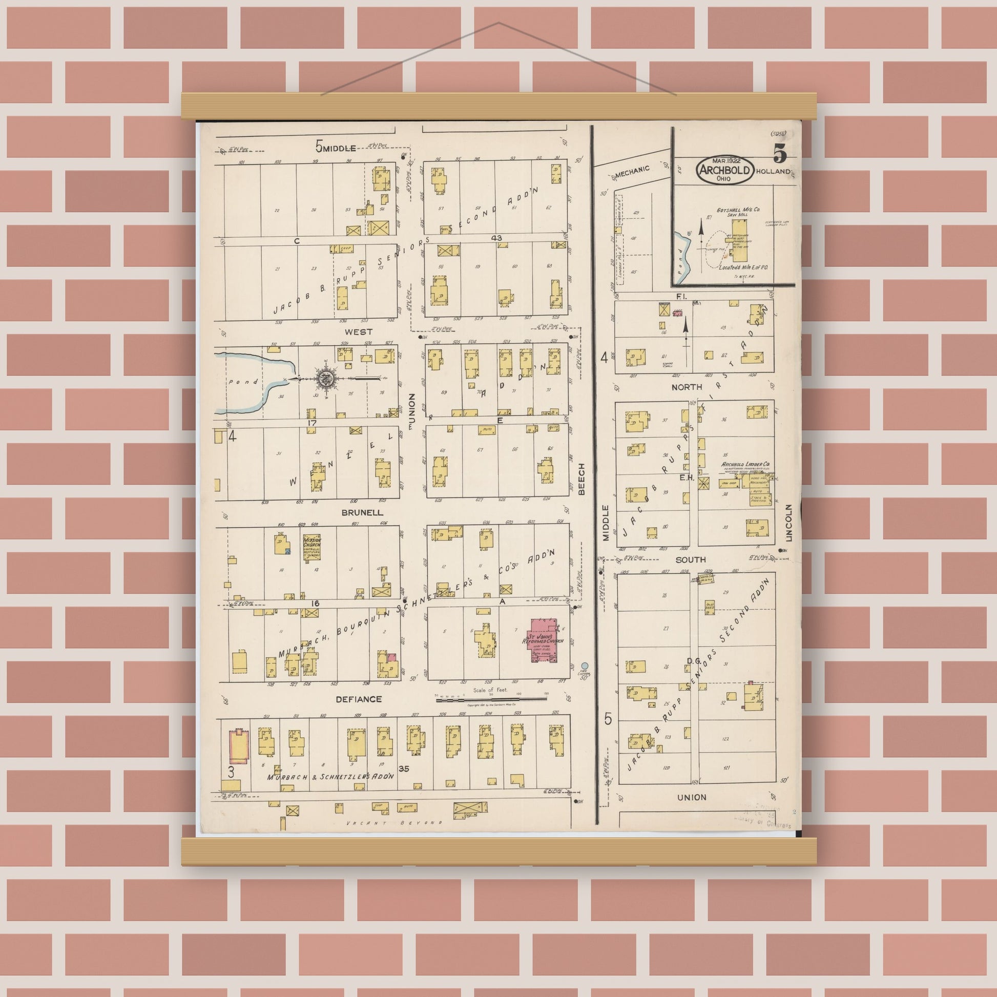 Old map wall art mockup — magnetic wood frame on brick wall — Sanborn Fire Insurance Map from Archbold, Fulton County, Ohio (1922), Sheet #0005