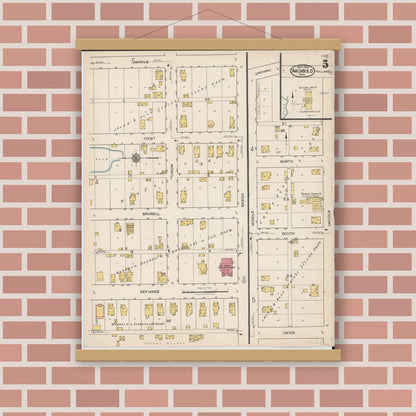 Old map wall art mockup — magnetic wood frame on brick wall — Sanborn Fire Insurance Map from Archbold, Fulton County, Ohio (1922), Sheet #0005