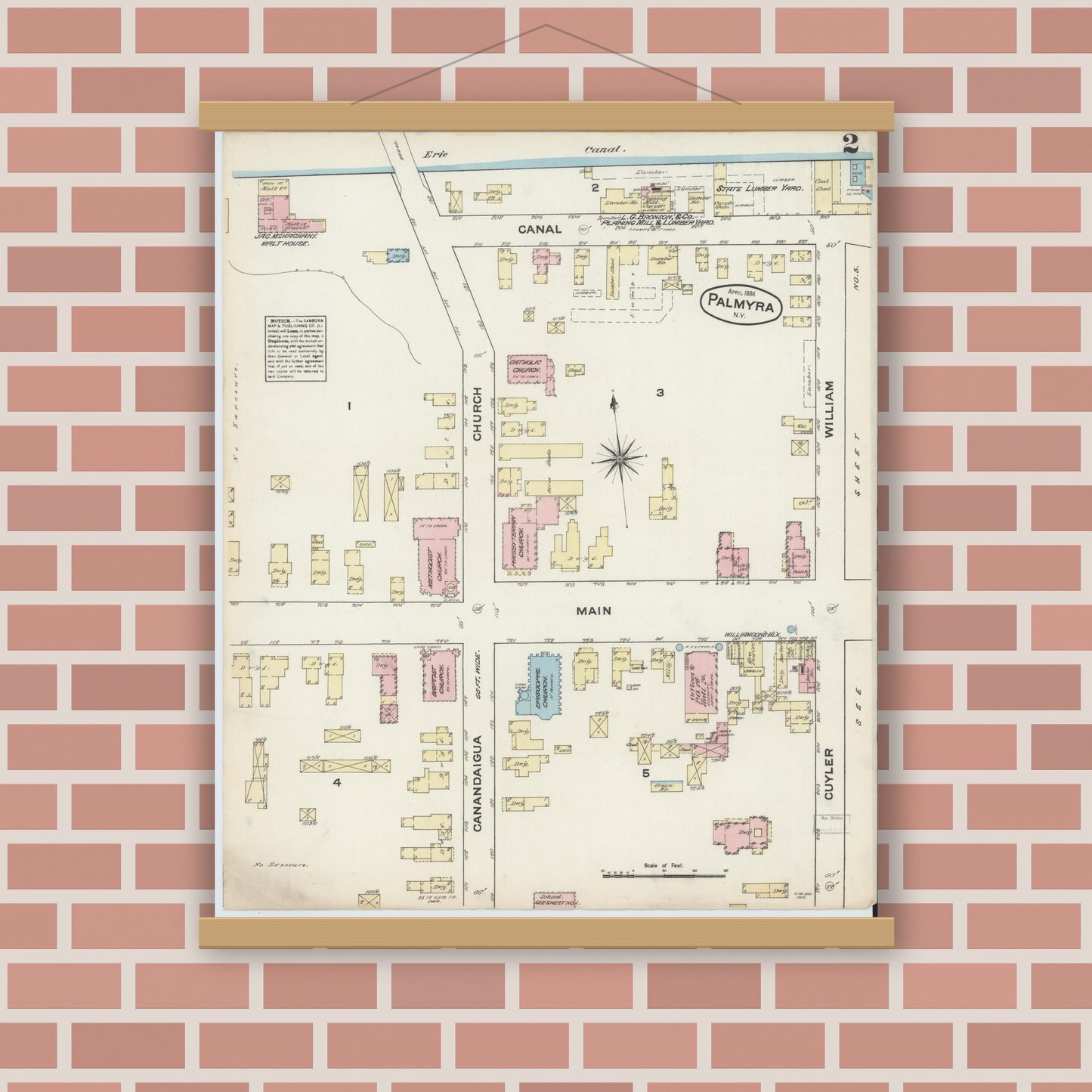 Old map wall art mockup — magnetic wood frame on brick wall — Sanborn Fire Insurance Map from Palmyra, Wayne County, New York (1884), Sheet #0002