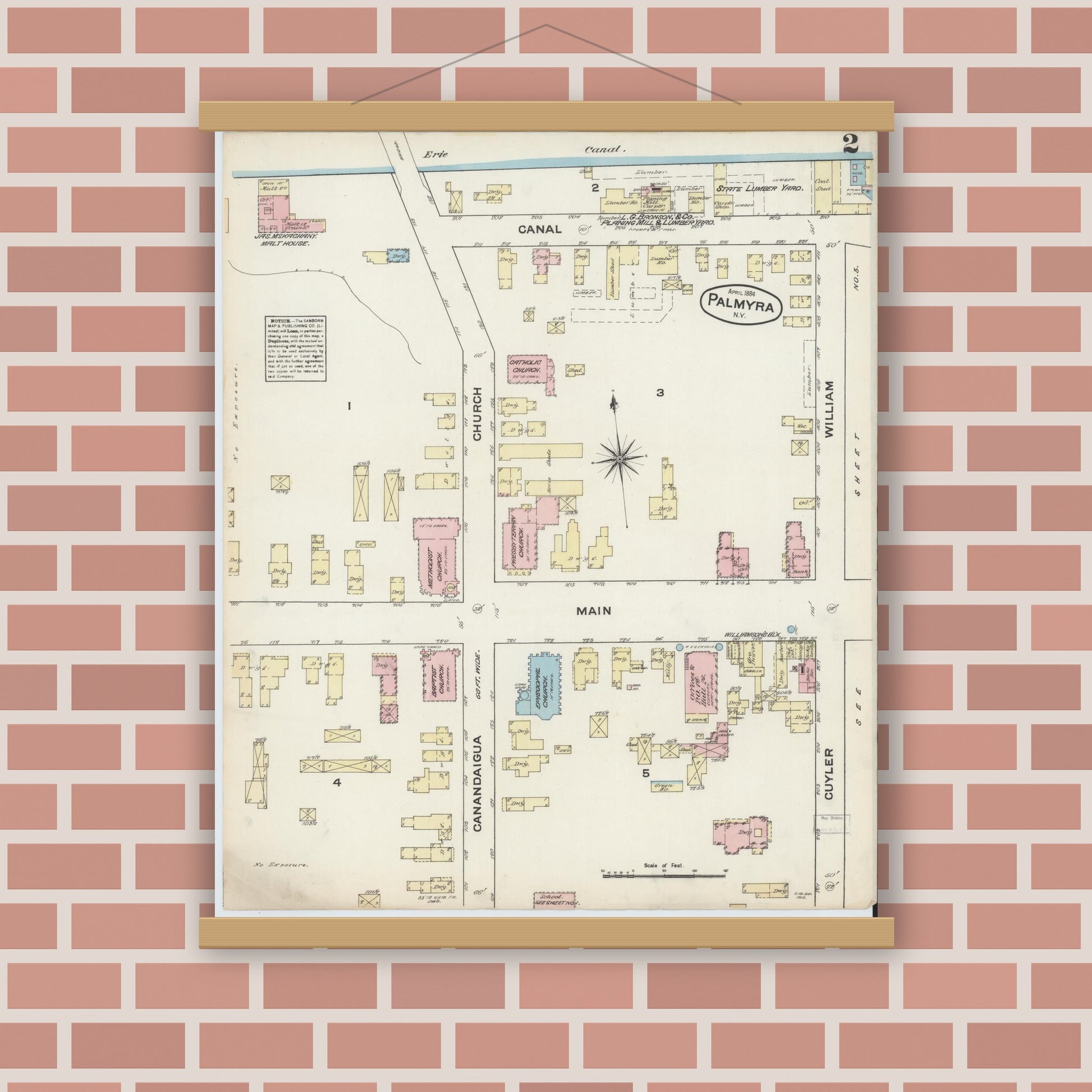 Old map wall art mockup — magnetic wood frame on brick wall — Sanborn Fire Insurance Map from Palmyra, Wayne County, New York (1884), Sheet #0002