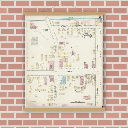 Old map wall art mockup — magnetic wood frame on brick wall — Sanborn Fire Insurance Map from Palmyra, Wayne County, New York (1884), Sheet #0002