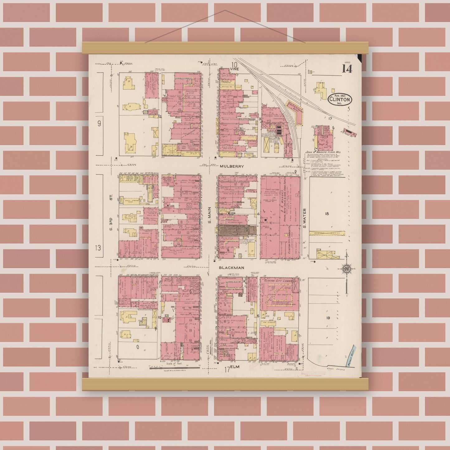 Old map wall art mockup — magnetic wood frame on brick wall — Sanborn Fire Insurance Map from Clinton, Vermillion County, Indiana (1921), Sheet #0014