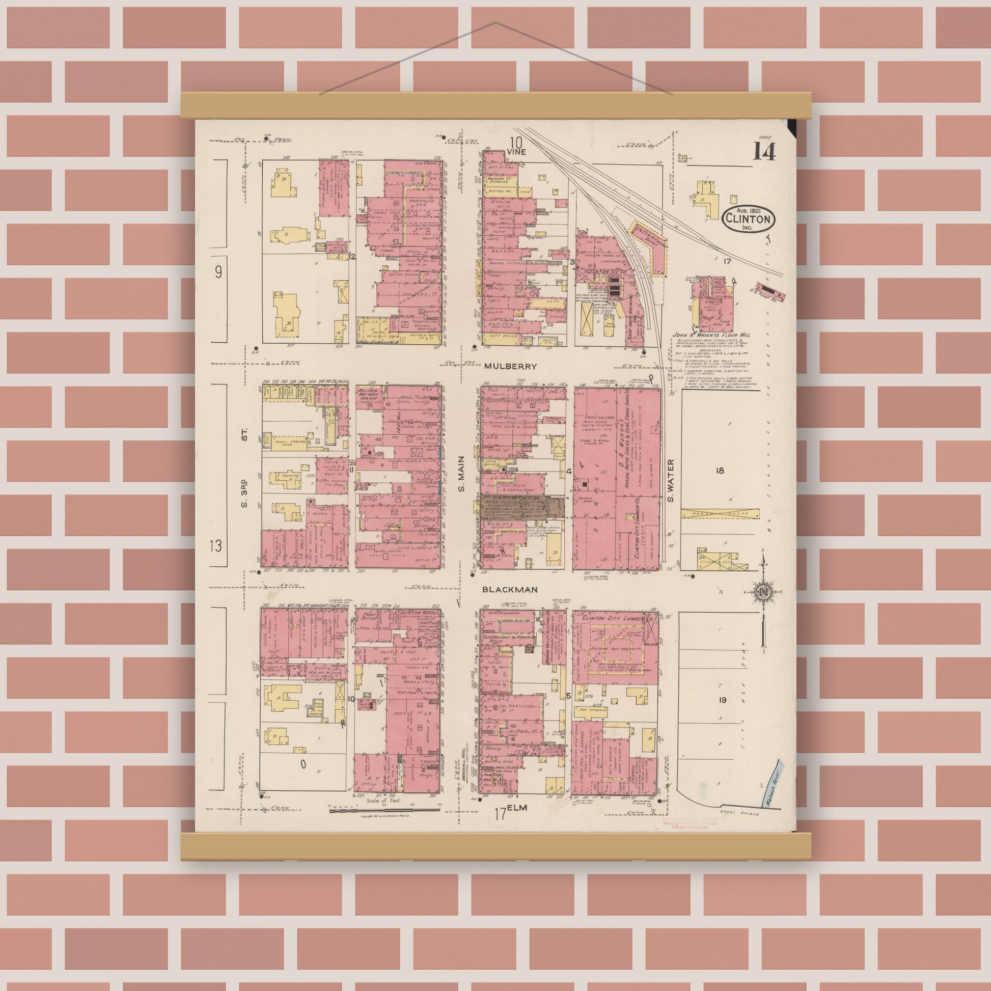 Old map wall art mockup — magnetic wood frame on brick wall — Sanborn Fire Insurance Map from Clinton, Vermillion County, Indiana (1921), Sheet #0014