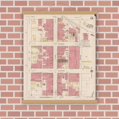Old map wall art mockup — magnetic wood frame on brick wall — Sanborn Fire Insurance Map from Clinton, Vermillion County, Indiana (1921), Sheet #0014