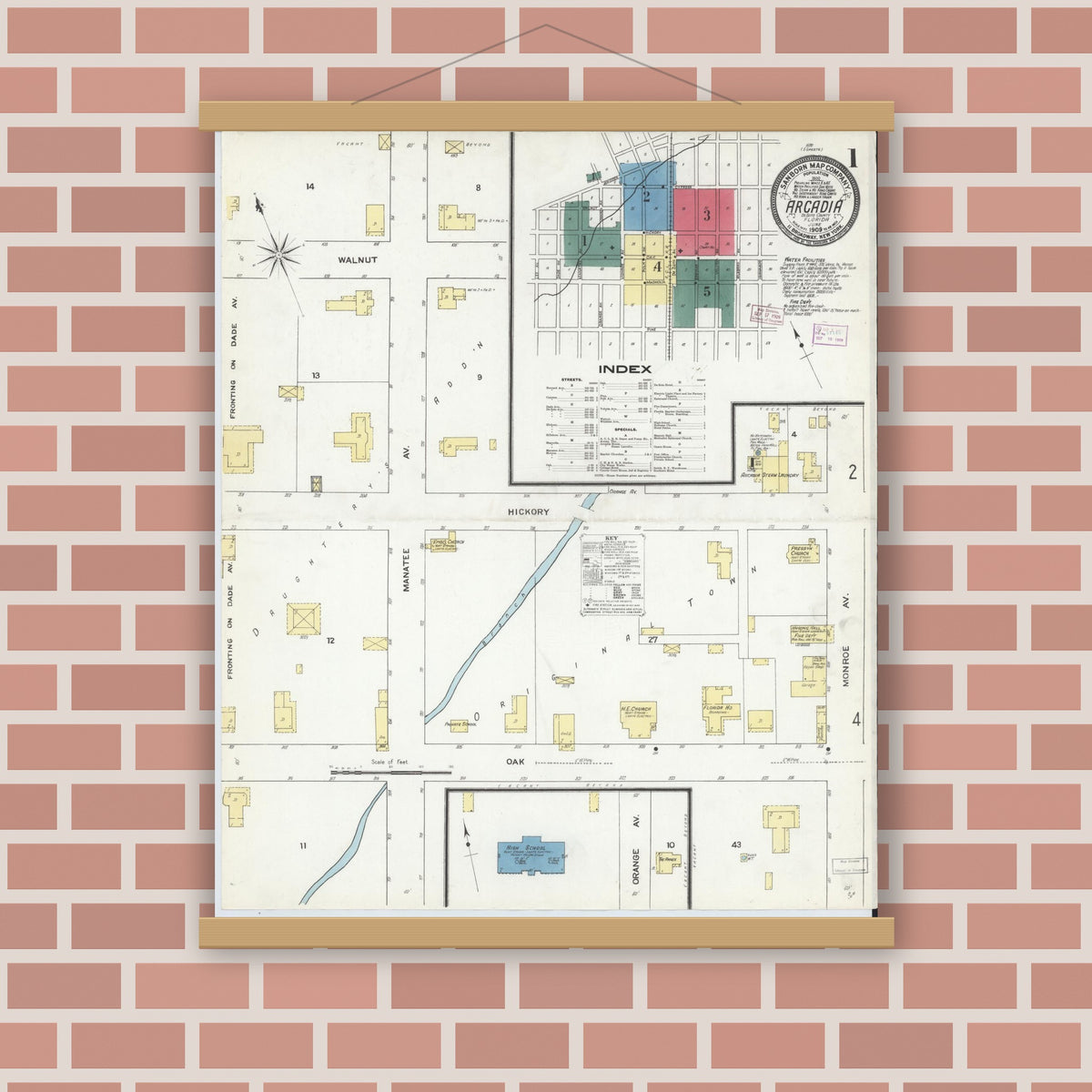 Old map wall art mockup — magnetic wood frame on brick wall — Sanborn Fire Insurance Map from Arcadia, DeSoto County, Florida (1909) - Complete Map Set