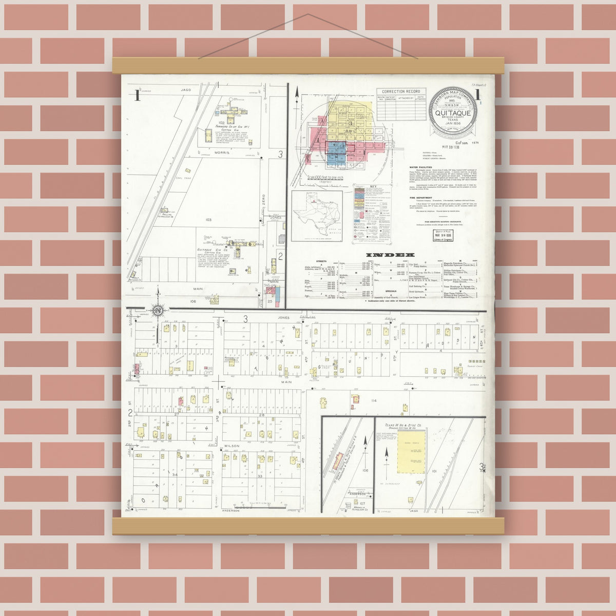 Old map wall art mockup — magnetic wood frame on brick wall — Sanborn Fire Insurance Map from Quitaque, Briscoe County, Texas (1936) - Complete Map Set
