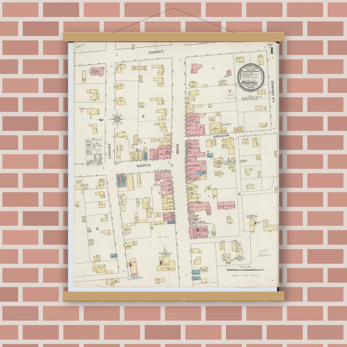 Old map wall art mockup — magnetic wood frame on brick wall — Sanborn Fire Insurance Map from Morenci, Lenawee County, Michigan (1893), Sheet #0001