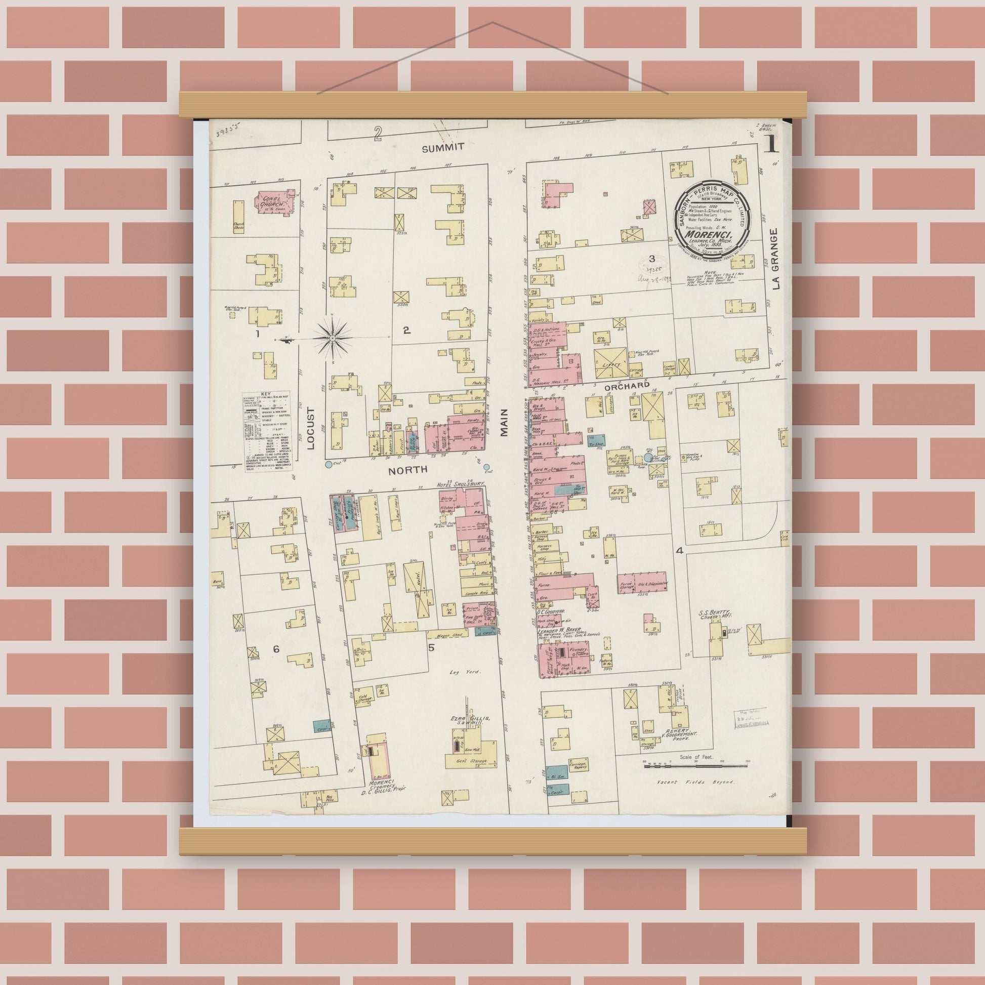 Old map wall art mockup — magnetic wood frame on brick wall — Sanborn Fire Insurance Map from Morenci, Lenawee County, Michigan (1893), Sheet #0001