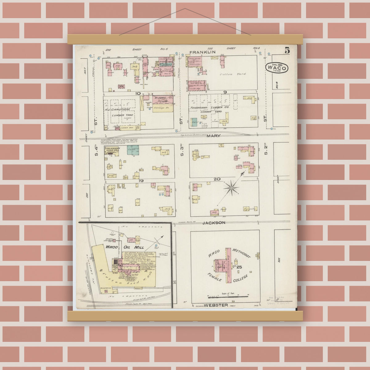 Old map wall art mockup — magnetic wood frame on brick wall — Sanborn Fire Insurance Map from Waco, McLennan County, Texas (1885), Sheet #0005