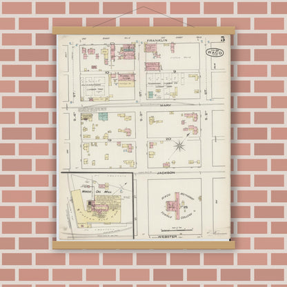Old map wall art mockup — magnetic wood frame on brick wall — Sanborn Fire Insurance Map from Waco, McLennan County, Texas (1885), Sheet #0005