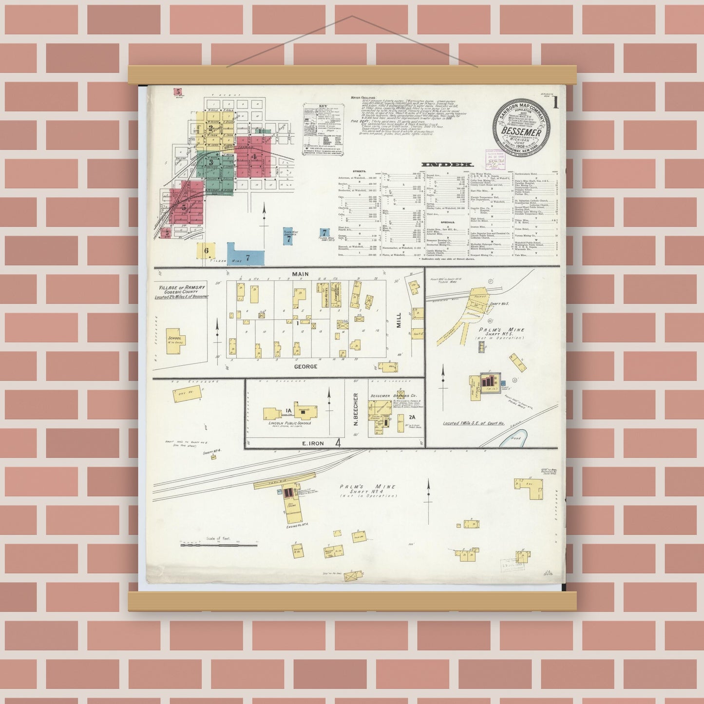 Old map wall art mockup — magnetic wood frame on brick wall — Sanborn Fire Insurance Map from Bessemer, Gogebic County, Michigan (1908) - Complete Map Set