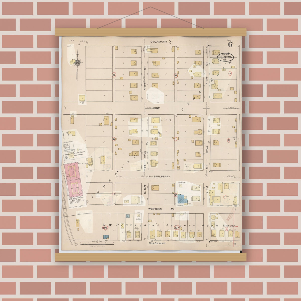 Old map wall art mockup — magnetic wood frame on brick wall — Sanborn Fire Insurance Map from Clinton, Vermillion County, Indiana (1947), Sheet #0006