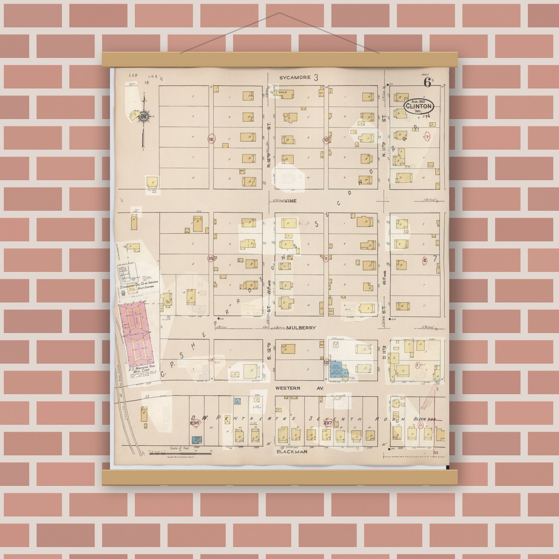 Old map wall art mockup — magnetic wood frame on brick wall — Sanborn Fire Insurance Map from Clinton, Vermillion County, Indiana (1947), Sheet #0006