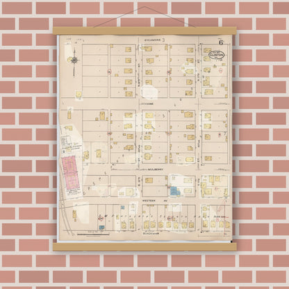 Old map wall art mockup — magnetic wood frame on brick wall — Sanborn Fire Insurance Map from Clinton, Vermillion County, Indiana (1947), Sheet #0006