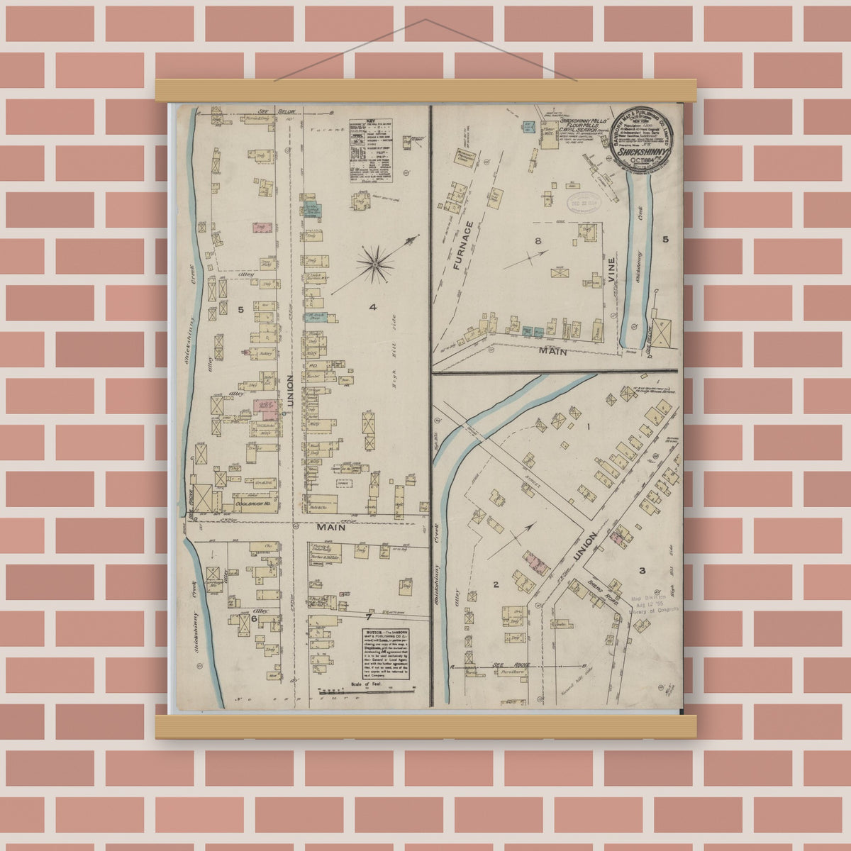 Old map wall art mockup — magnetic wood frame on brick wall — Sanborn Fire Insurance Map from Shickshinny, Luzerne County, Pennsylvania (1884), Sheet #0001