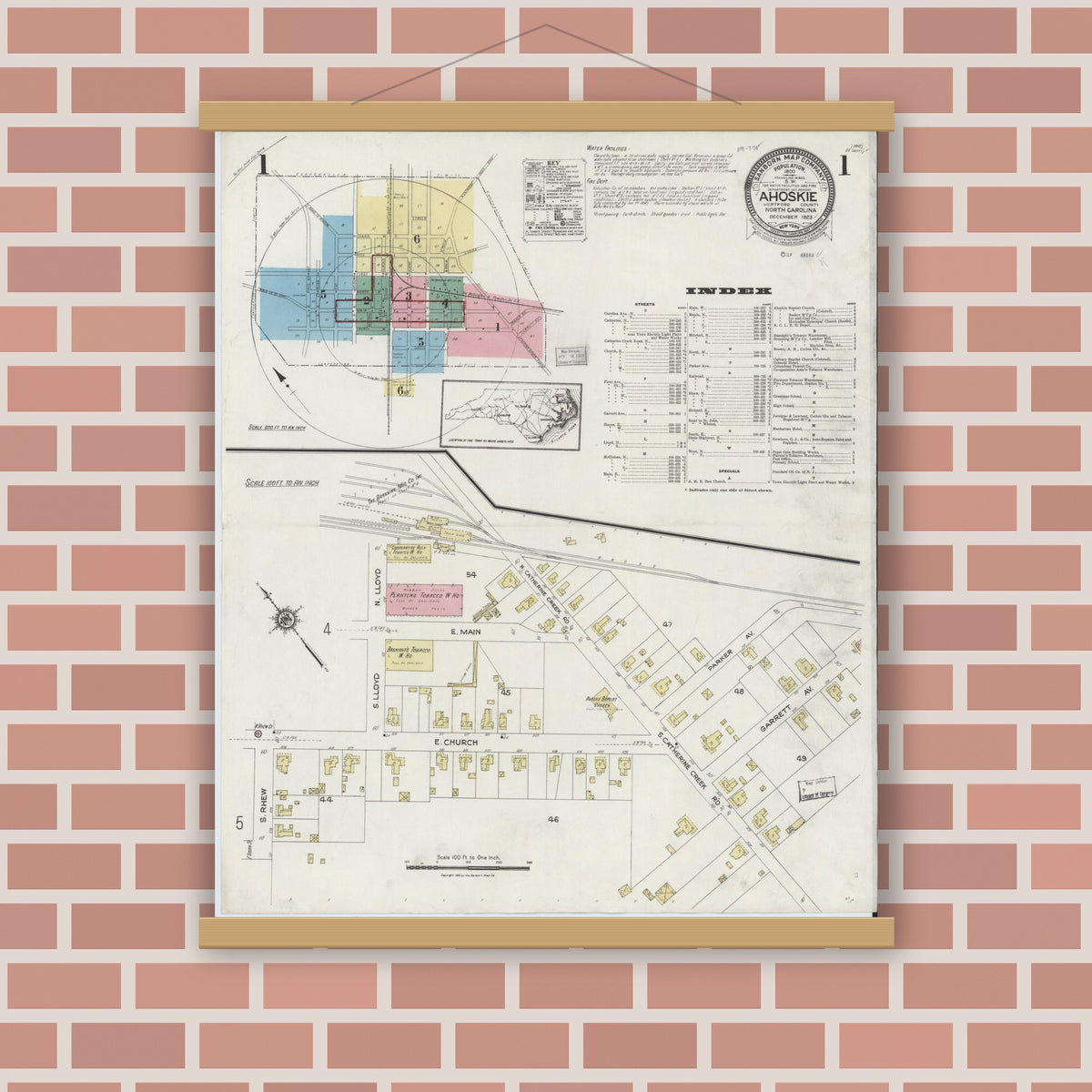 Old map wall art mockup — magnetic wood frame on brick wall — Sanborn Fire Insurance Map from Ahoskie, Hertford County, North Carolina (1923), Sheet #0001