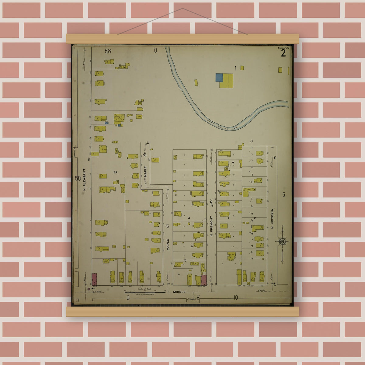 Old map wall art mockup — magnetic wood frame on brick wall — Sanborn Fire Insurance Map from Kenosha, Kenosha County, Wisconsin. (1918), Sheet 6