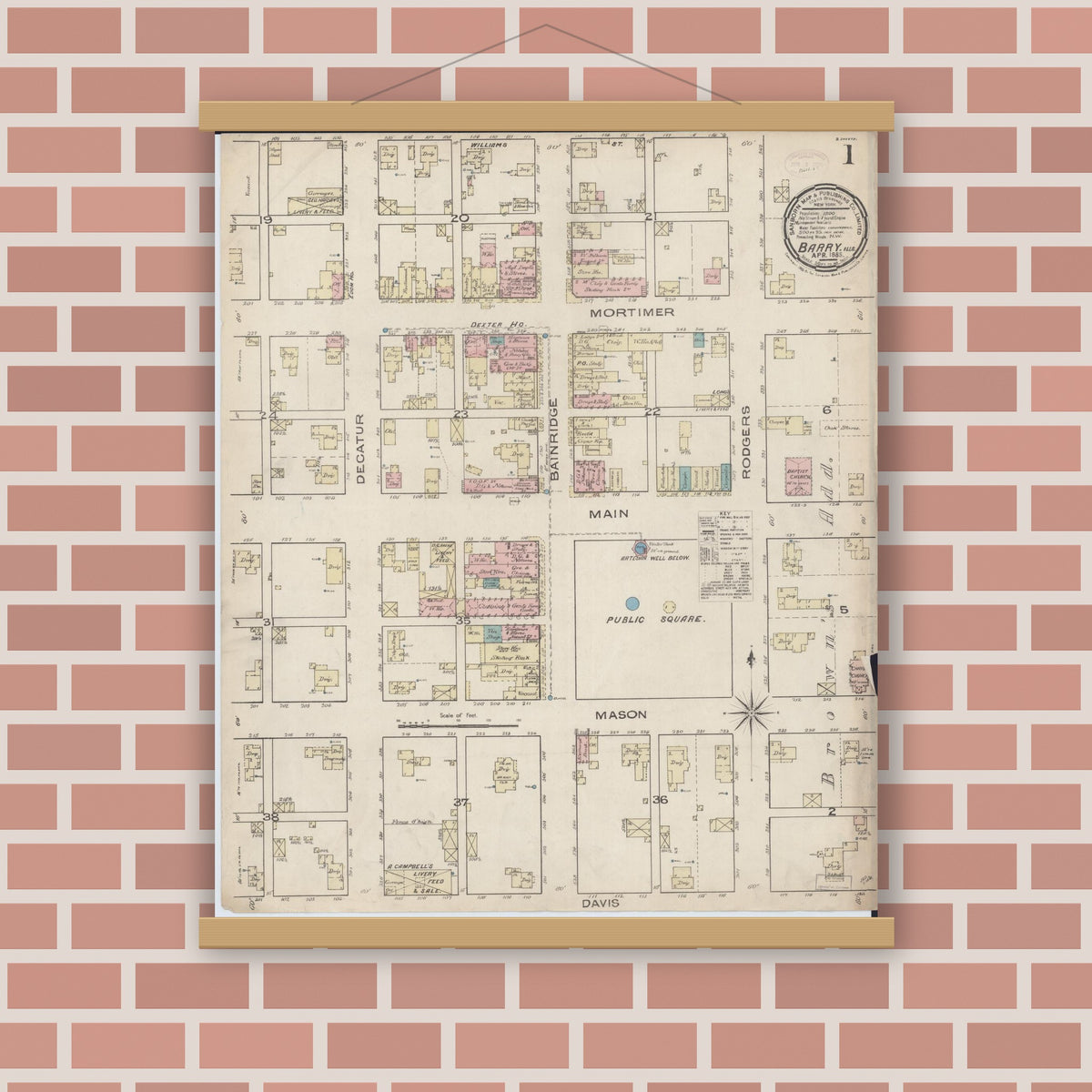 Old map wall art mockup — magnetic wood frame on brick wall — Sanborn Fire Insurance Map from Barry, Pike County, Illinois (1885) - Complete Map Set