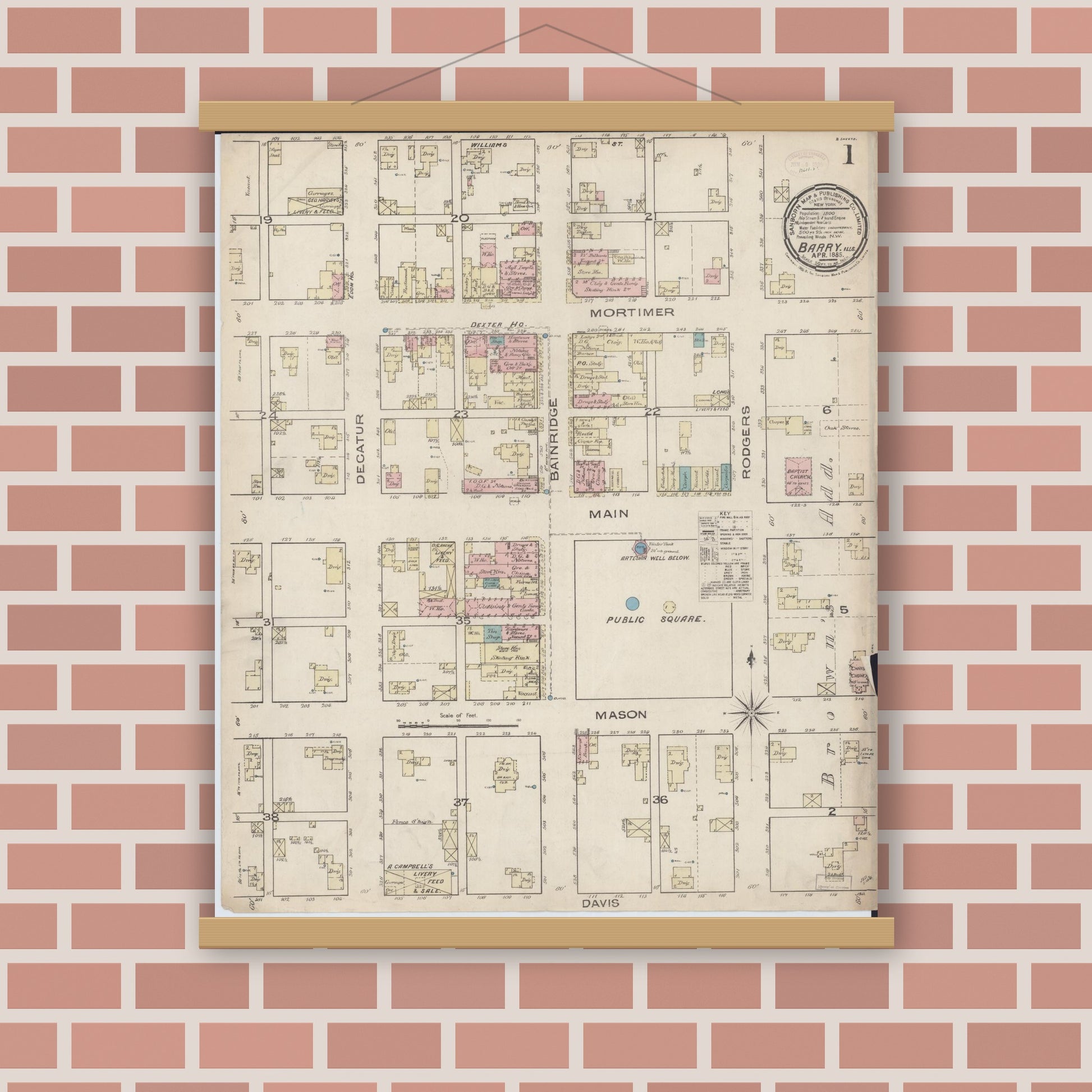 Old map wall art mockup — magnetic wood frame on brick wall — Sanborn Fire Insurance Map from Barry, Pike County, Illinois (1885) - Complete Map Set
