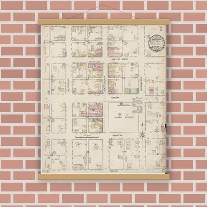 Old map wall art mockup — magnetic wood frame on brick wall — Sanborn Fire Insurance Map from Barry, Pike County, Illinois (1885) - Complete Map Set