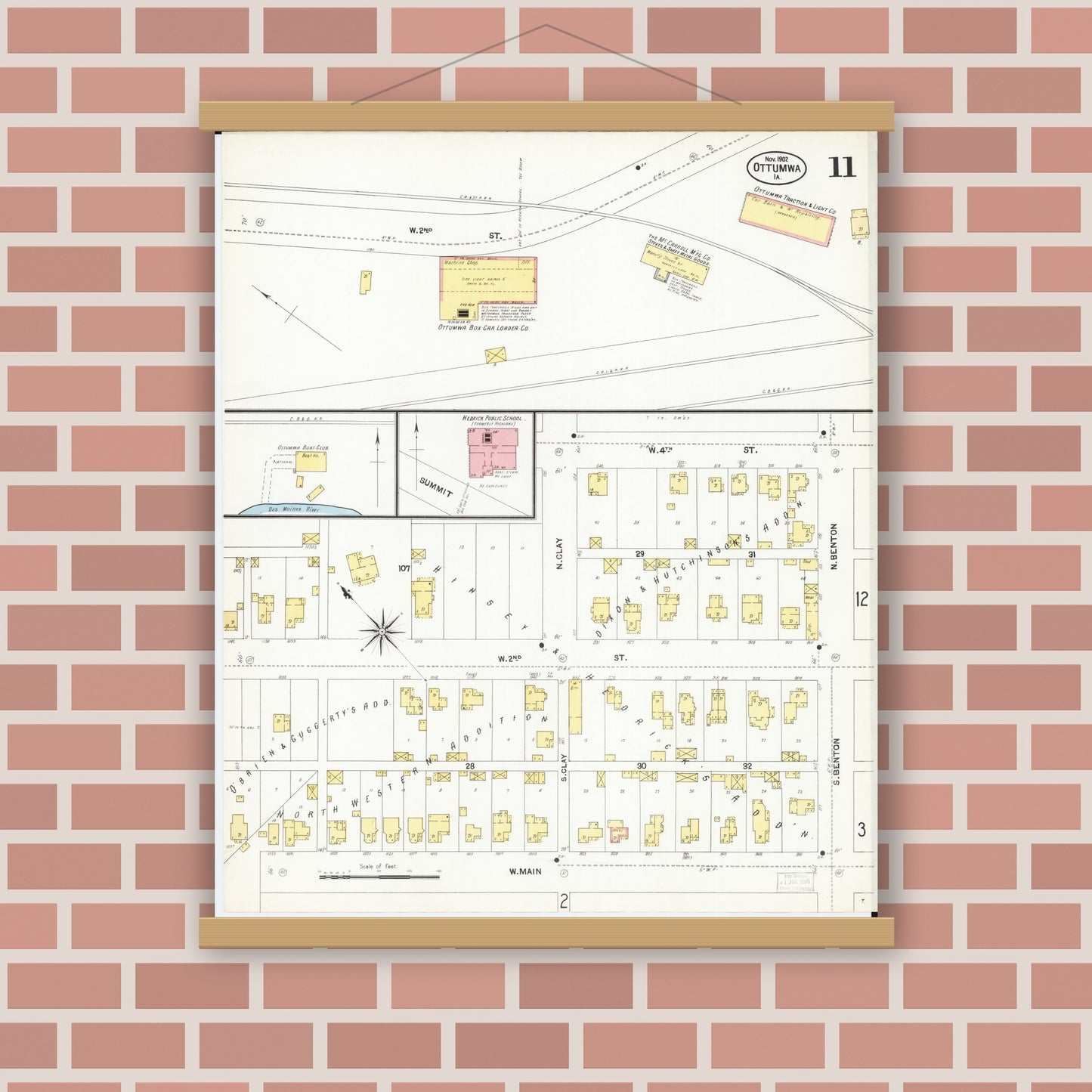 Old map wall art mockup — magnetic wood frame on brick wall — Sanborn Fire Insurance Map from Ottumwa, Wapello County, Iowa (1902), Sheet #0011