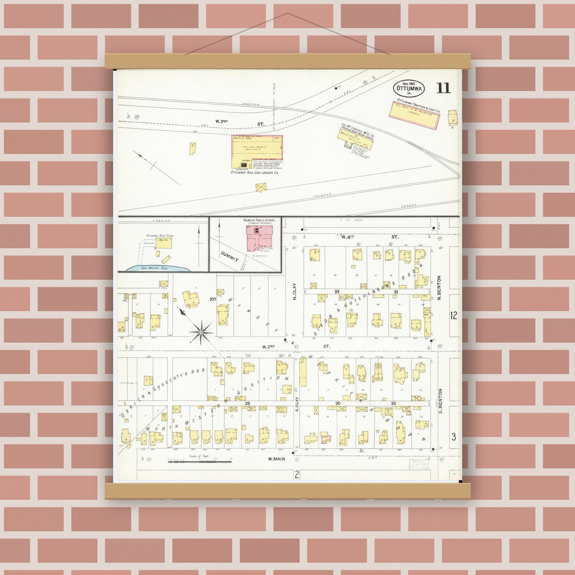 Old map wall art mockup — magnetic wood frame on brick wall — Sanborn Fire Insurance Map from Ottumwa, Wapello County, Iowa (1902), Sheet #0011
