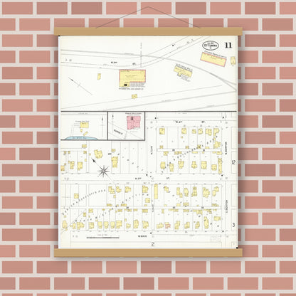 Old map wall art mockup — magnetic wood frame on brick wall — Sanborn Fire Insurance Map from Ottumwa, Wapello County, Iowa (1902), Sheet #0011