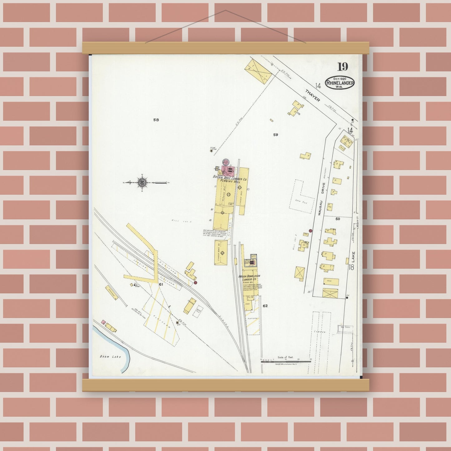 Old map wall art mockup — magnetic wood frame on brick wall — Sanborn Fire Insurance Map from Rhinelander, Oneida County, Wisconsin (1920), Sheet #0019