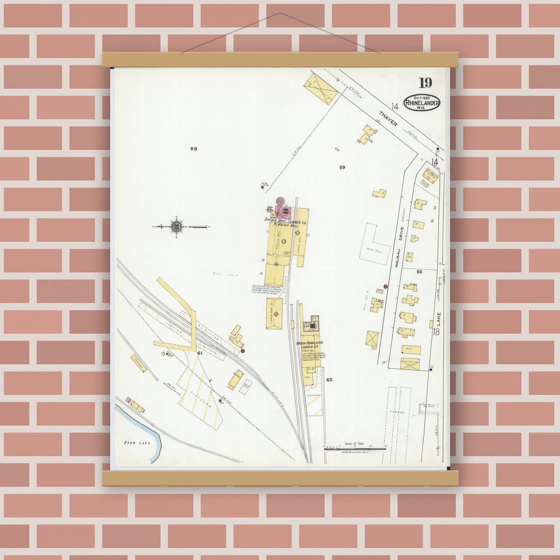 Old map wall art mockup — magnetic wood frame on brick wall — Sanborn Fire Insurance Map from Rhinelander, Oneida County, Wisconsin (1920), Sheet #0019