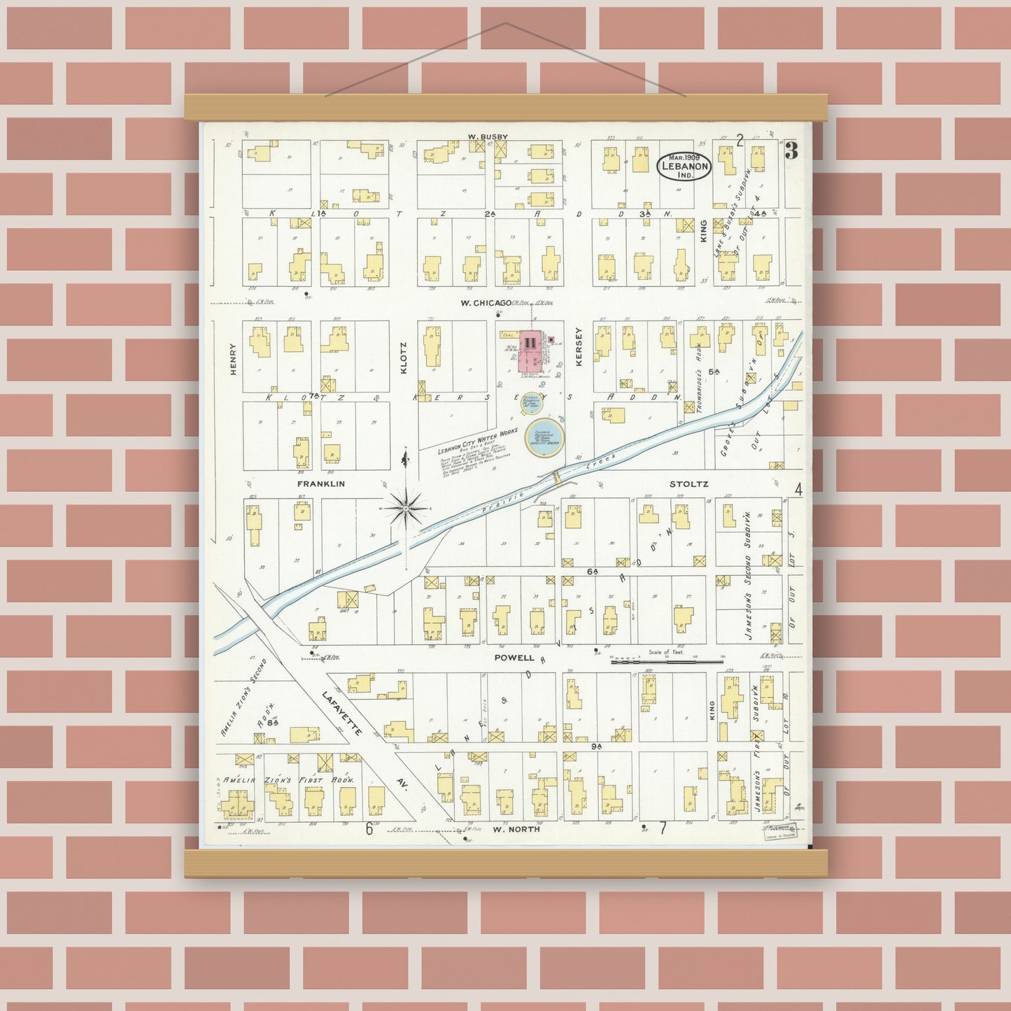 Old map wall art mockup — magnetic wood frame on brick wall — Sanborn Fire Insurance Map from Lebanon, Boone County, Indiana (1909), Sheet #0003