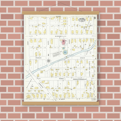 Old map wall art mockup — magnetic wood frame on brick wall — Sanborn Fire Insurance Map from Lebanon, Boone County, Indiana (1909), Sheet #0003